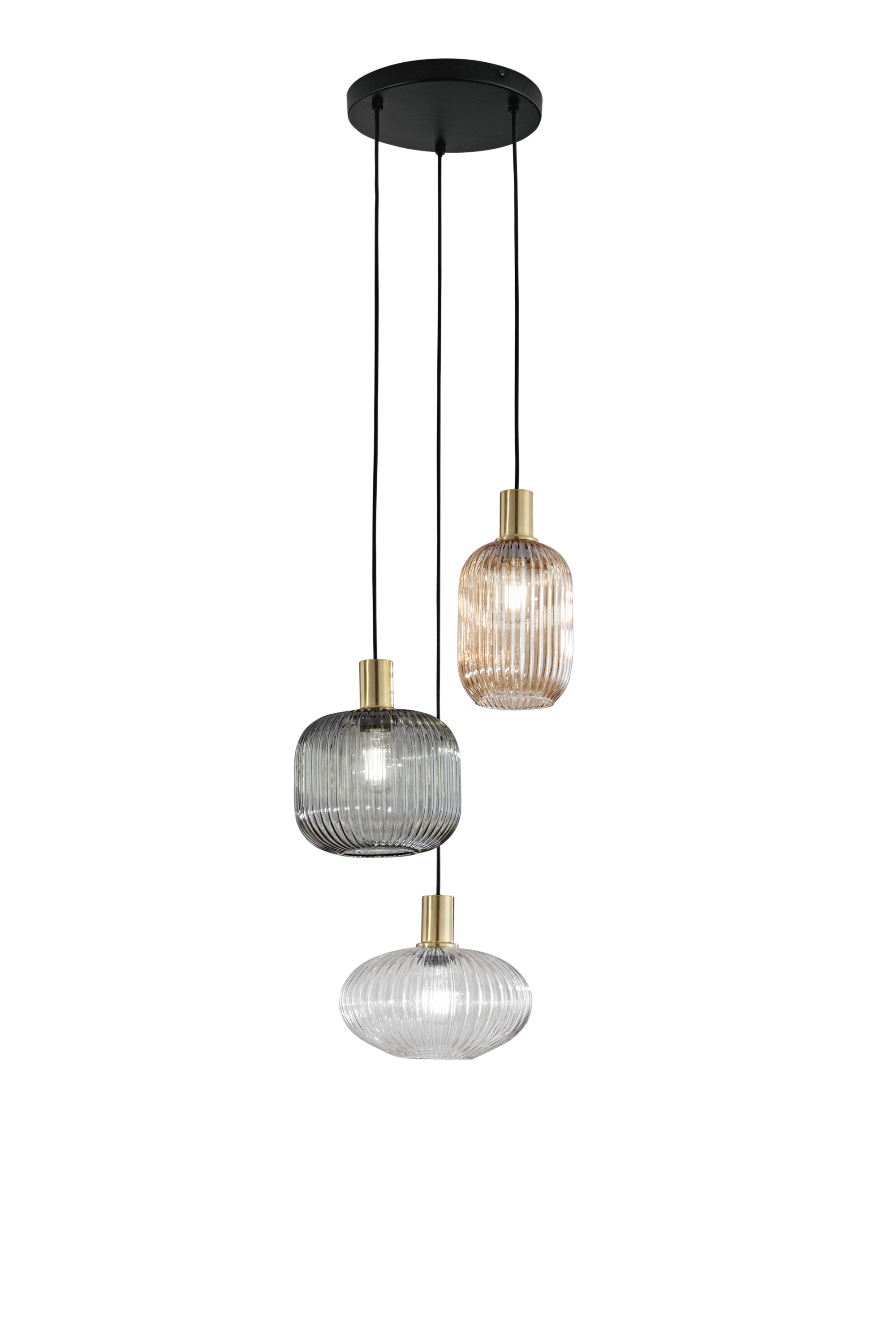 SOSPENSIONE EGADI NERO+SMOKE/AMBRA/TRASPARENTE IN METALLO E VETRO TRE PENDENTI E27 3X40W, MISURE LAMP. Dia14XH20CM, Dia20XH18CM, Dia25XH15CM MISURE STRUTT. 35x35x320CM - Luce Ambiente e Design